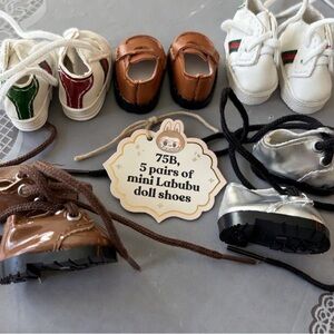 75B, Five Pairs of Mini Labubu Doll Shoes Brown, Silver, White